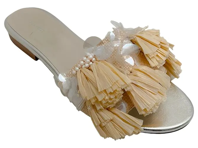 Autre Marque Delpozo Sandalias Chanclas De Rafia Con Pailettes Y Perlas Beige 