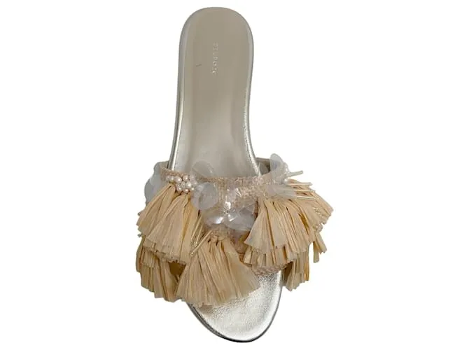 Autre Marque Delpozo Sandalias Chanclas De Rafia Con Pailettes Y Perlas Beige 