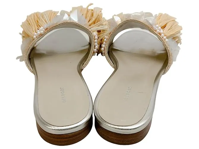 Autre Marque Delpozo Sandalias Chanclas De Rafia Con Pailettes Y Perlas Beige 