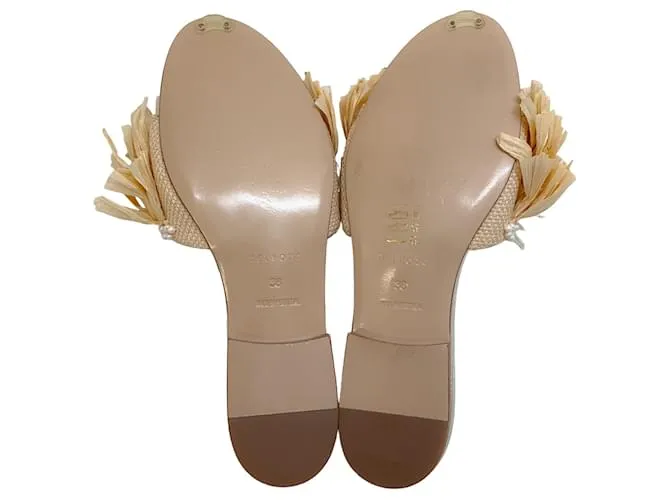 Autre Marque Delpozo Sandalias Chanclas De Rafia Con Pailettes Y Perlas Beige 