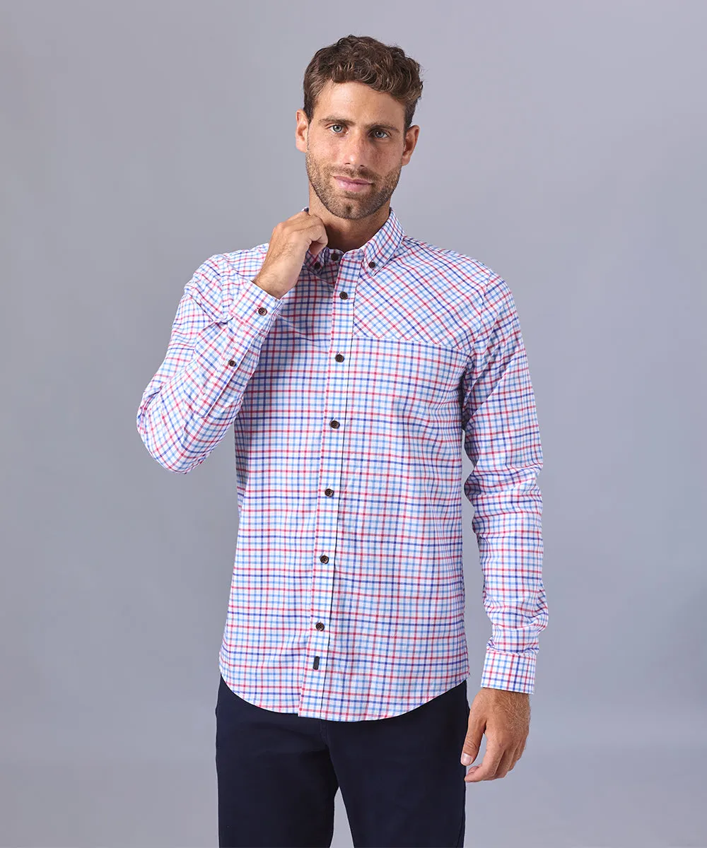 CAMISA MANGA LARGA CUELLO BUTTON DOWN APLICACIÓN EN CUELLO SLIM FIT CELESTE CUADROS OI24