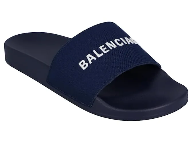 Chanclas de piscina bordadas con logo de Balenciaga en azul 