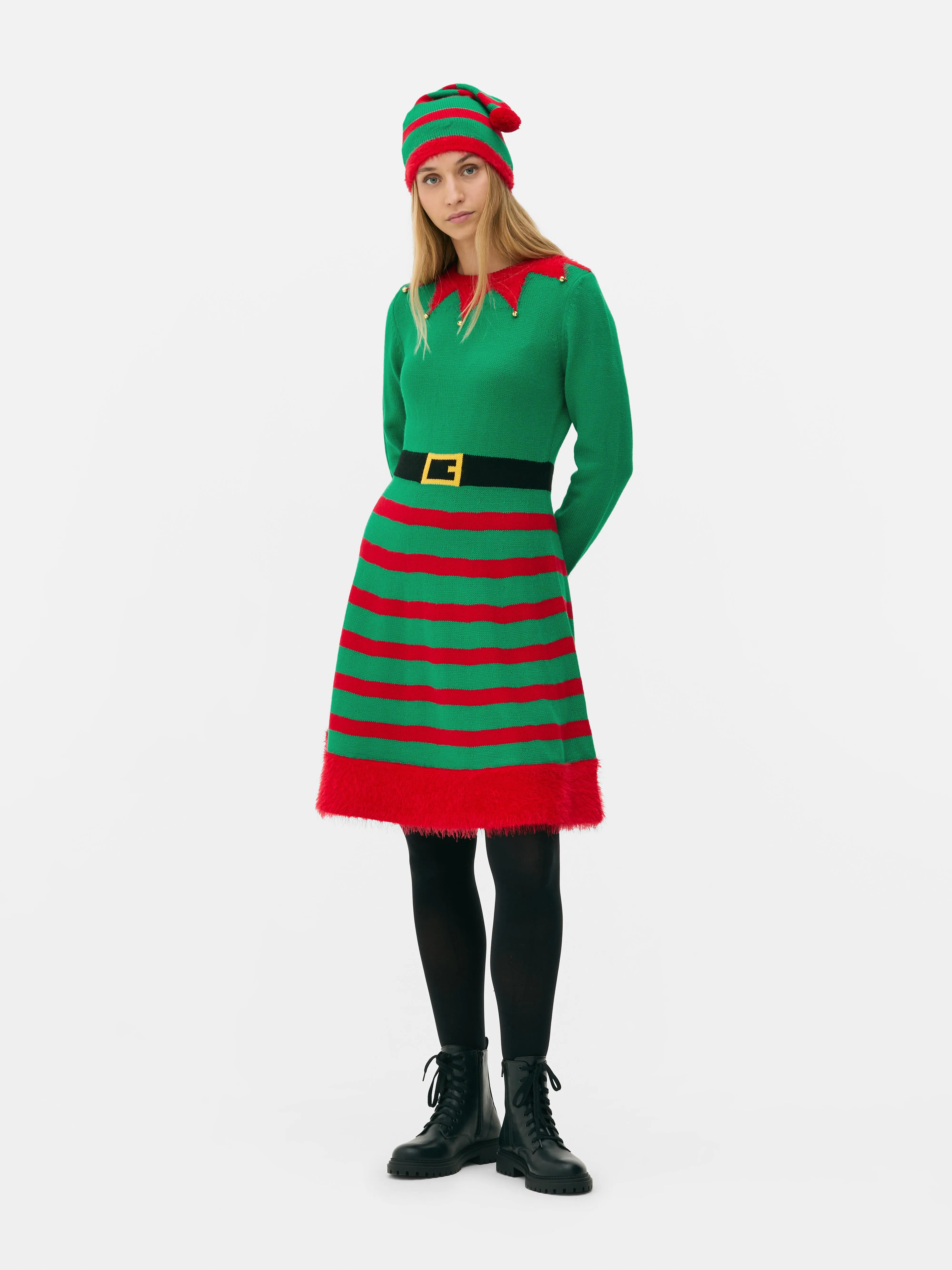 Set de gorro y vestido tipo jersey con elfo navideño