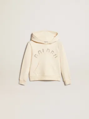 Sudadera con capucha de color blanco envejecido con parches 