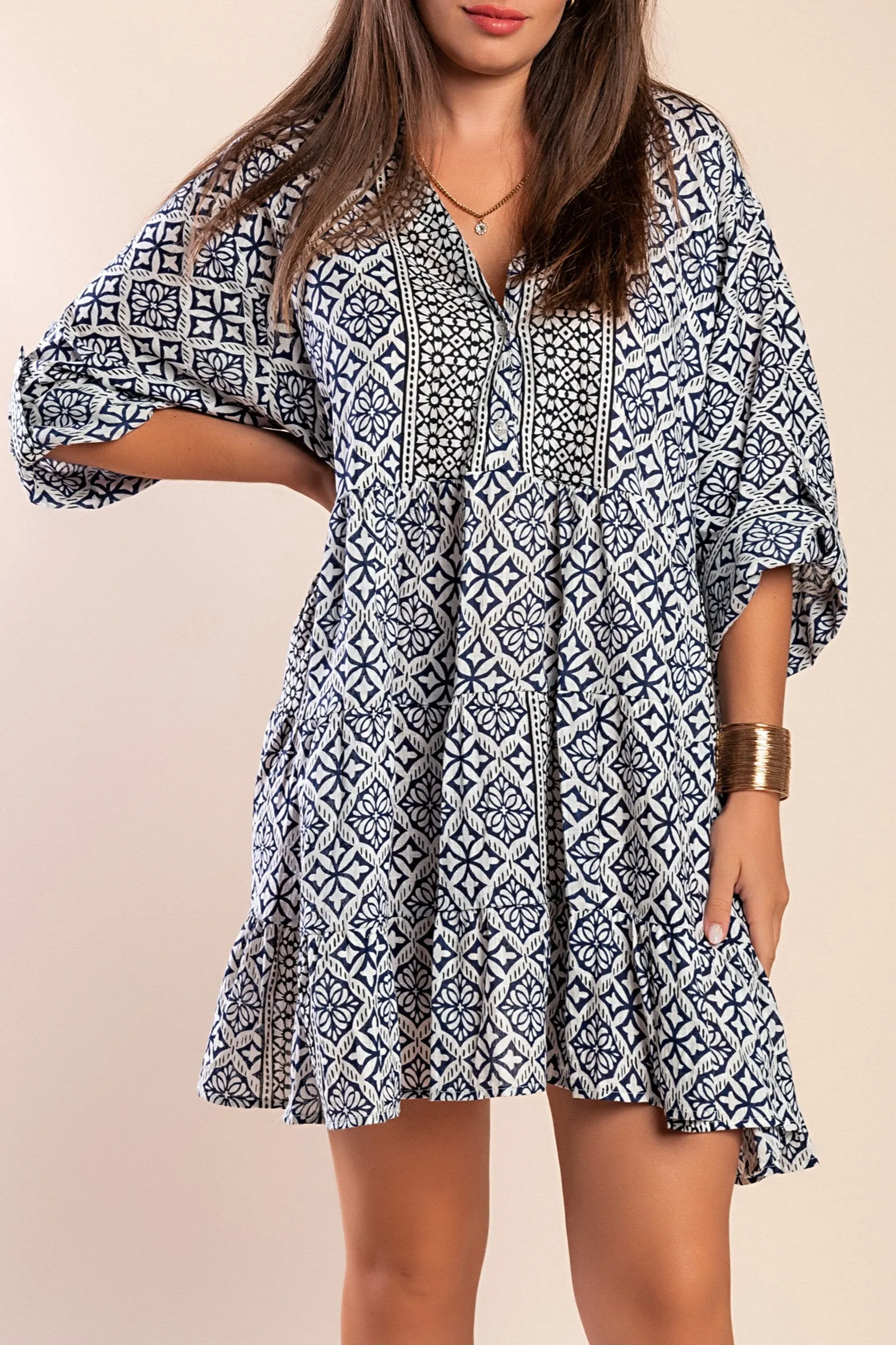 Vestido corto de algodón con estampado, azul oscuro