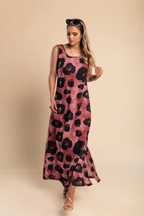 Vestido largo con estampado de leopardo, burdeos