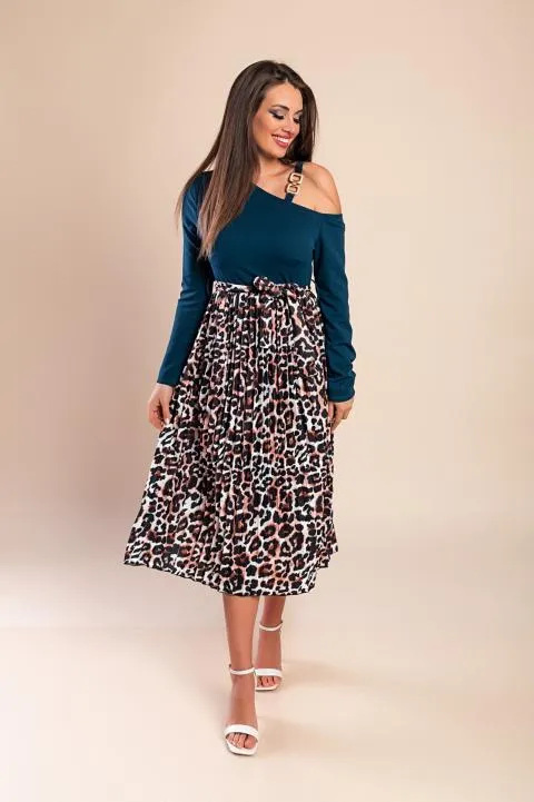 Vestido midi con estampado de leopardo, petróleo