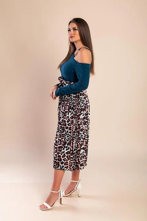 Vestido midi con estampado de leopardo, petróleo