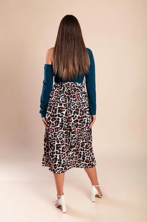 Vestido midi con estampado de leopardo, petróleo